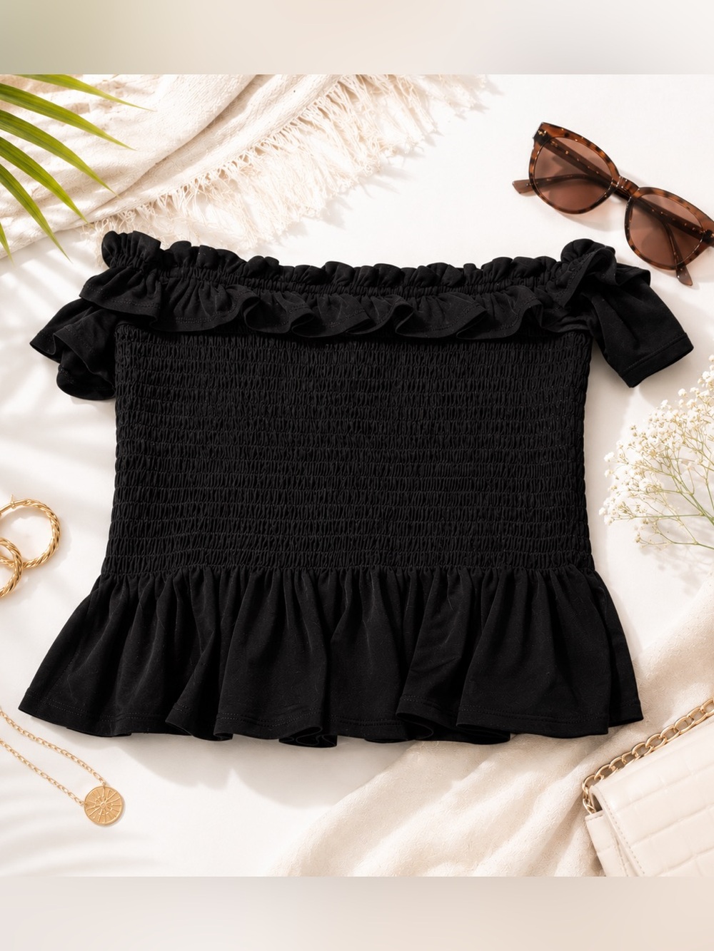 BCBG Generation Black Smocked Off-Shoulder Ruffle Crop Top - Small NWT